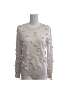 Chanel Knit Sweater Flower Motif Long Sleeve Cotton Cashmere Ivory 34
